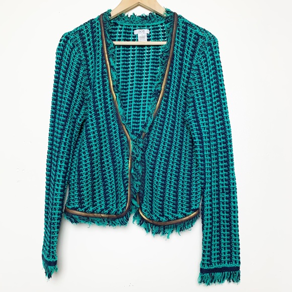 Cache Fringe Navy & Green OpenWeave Crop Jacket Women’s Size Medium - Picture 1 of 8